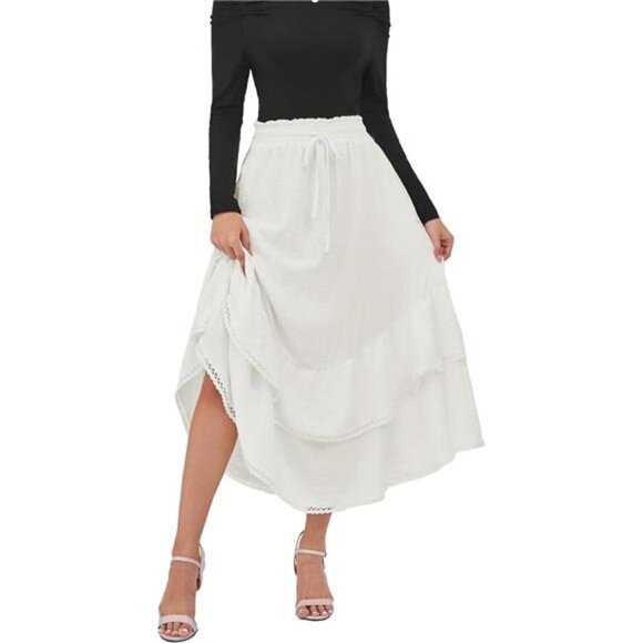 Maxi Skirts High Waist Drawstring with Pockets White - Picture 5 of 6